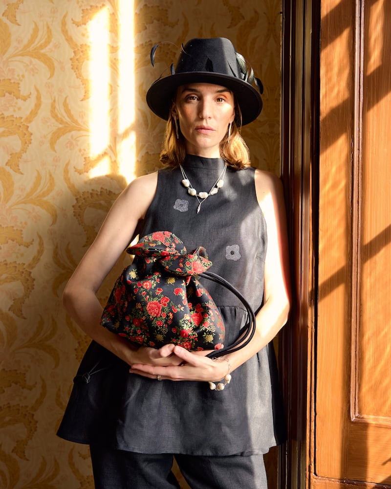 Embroidered floral satin bag, €255, August Night