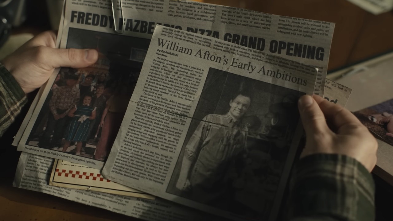 Mike looking at newspaper clippings about William Afton in Five Nights at Freddy's 2