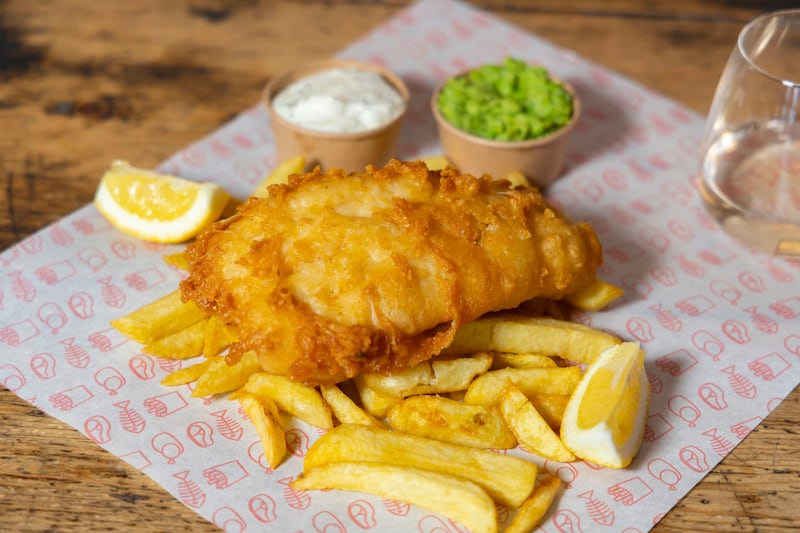 Hake with mushy peas and tartar sauce from And Chips. Photograph: Patrick Browne
