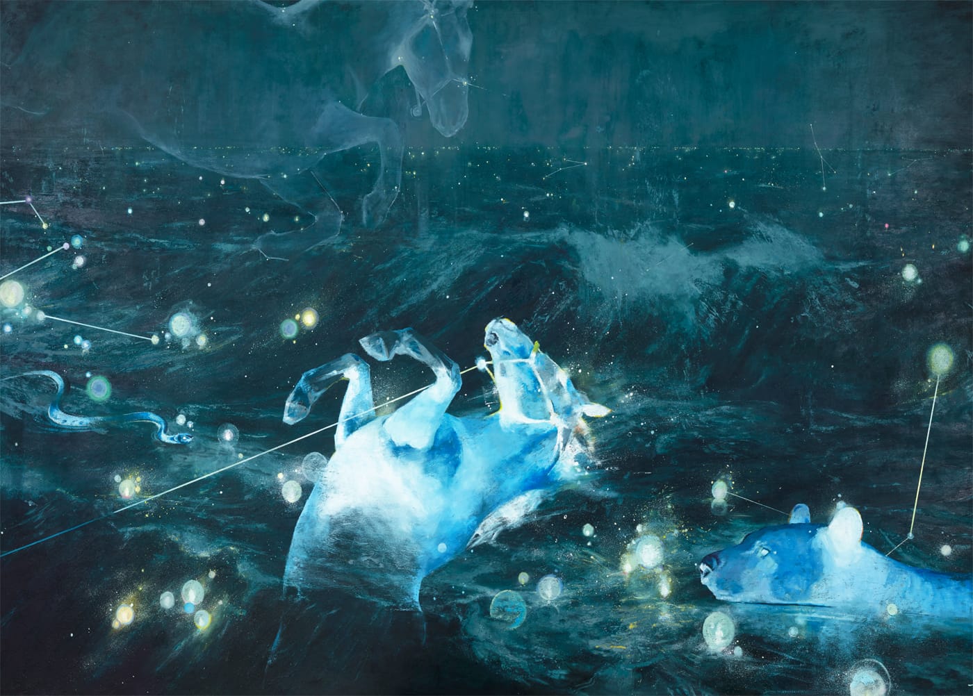 a blue piece by Mia Bergeron of a horse and bear in a blue body of water