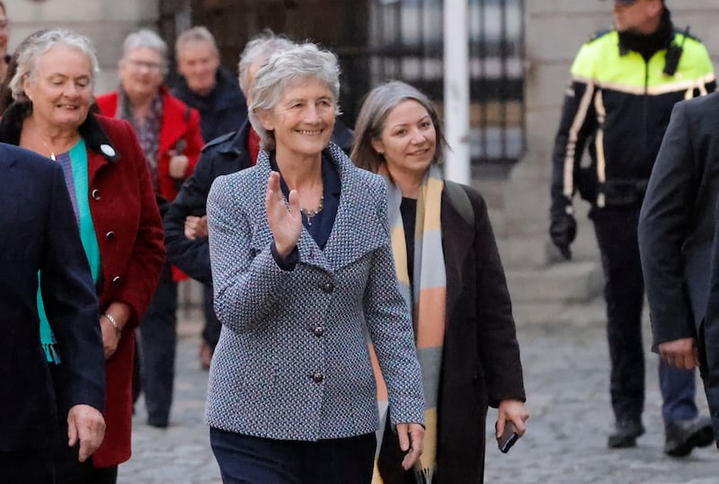 President-elect Catherine Connolly arrives to Dublin Castle accompanied by her campaign manager Beibhinn O’Connor (right) for the announcement of the result of the presidential election last month. Photograph: Alan Betson/The Irish Times

