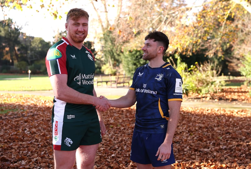 Ollie Chessum of Leicester Tigers poses with Hugo Keenan of Leinster during the 2025/26 European Professional Club Rugby season launch in London. Photograph: David Rogers/Getty