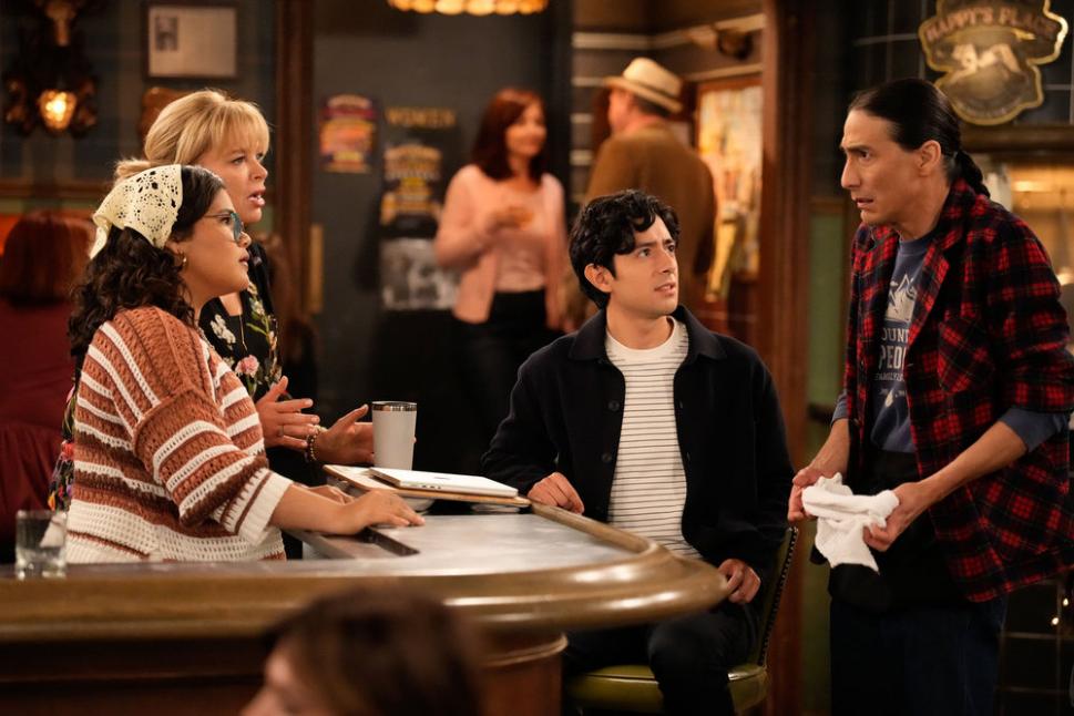 HAPPY'S PLACE -- "Promises, Promises" Episode 201 -- Pictured: (l-r) Belissa Escobedo as Isabella, Melissa Peterman as Gabby, Pablo Castelblanco as Steve, Tokala Black Elk as Takoda -- (Photo by: Casey Durkin/NBC)
