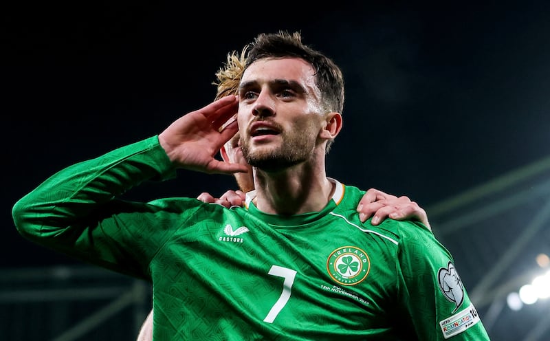 Troy Parrott after scoring his first goal. Photograph: Ryan Byrne/Inpho