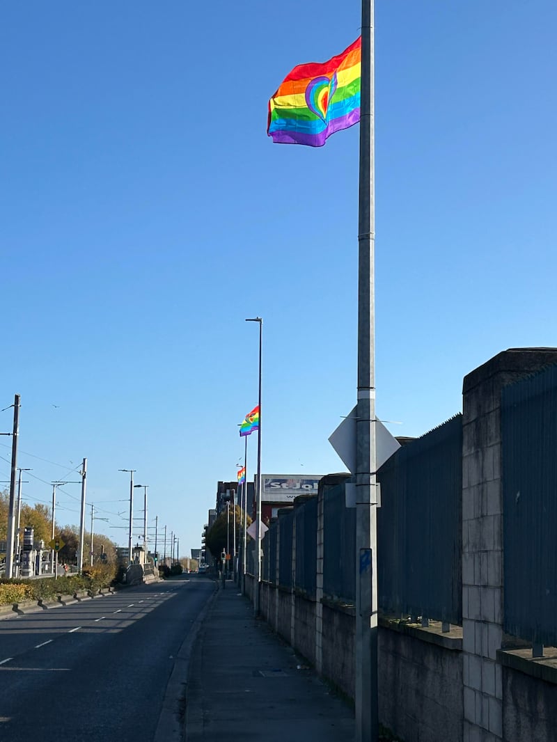 Flags intended to represent inclusivity flying in Dublin. Photograph: Dublin Community Standing Together