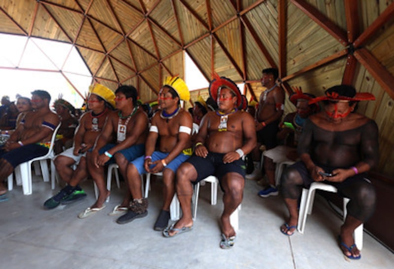 Indigenous people at a meeting at the Cop Village during Cop30. Photograph: Aline Massuca/Cop30