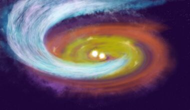 Artist's depiction of a streamer feeding a binary protostar. Credit - NSF/AUI/NSF NRAO/P.Vosteen