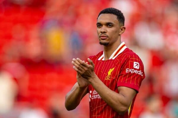 LIVERPOOL, ENGLAND - Sunday, May 11, 2025: Liverpool's Trent Alexander-Arnold applauds the supporters after the FA Premier League match between Liverpool FC and Arsenal FC at Anfield. (Photo by David Rawcliffe/Propaganda)