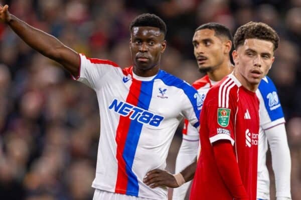 LIVERPOOL, ENGLAND - Wednesday, October 29, 2025: Crystal Palace's captain Marc Guéhi during the Football League Cup 4th Round match between Liverpool FC and Crystal Palace FC at Anfield. (Photo by David Rawcliffe/Propaganda)