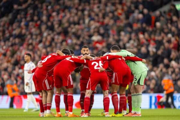 LIVERPOOL, ENGLAND - Saturday, November 1, 2025: Liverpool's players form a pre-match huddle before the FA Premier League match between Liverpool FC and Aston Villa FC at Anfield. (Photo by David Rawcliffe/Propaganda)