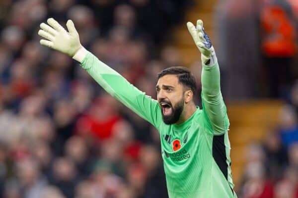LIVERPOOL, ENGLAND - Saturday, November 1, 2025: Liverpool's goalkeeper Giorgi Mamardashvili during the FA Premier League match between Liverpool FC and Aston Villa FC at Anfield. (Photo by David Rawcliffe/Propaganda)