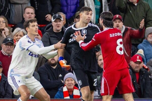 LIVERPOOL, ENGLAND - Saturday, November 1, 2025: Liverpool's Dominik Szoboszlai has his shirt pulled by Aston Villa's goalkeeper Emiliano Martínez during the FA Premier League match between Liverpool FC and Aston Villa FC at Anfield. (Photo by David Rawcliffe/Propaganda)