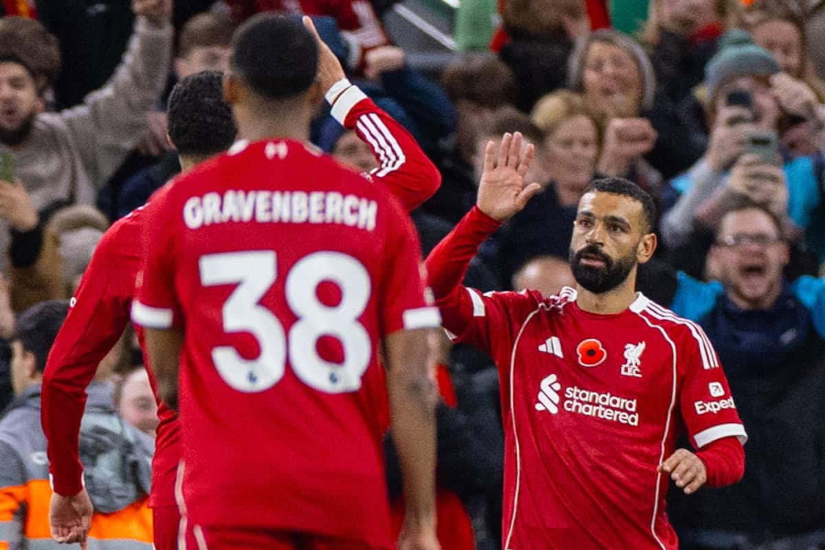 LIVERPOOL, ENGLAND - Saturday, November 1, 2025: Liverpool's Mohamed Salah celebrates after scoring the first goal during the FA Premier League match between Liverpool FC and Aston Villa FC at Anfield. (Photo by David Rawcliffe/Propaganda)