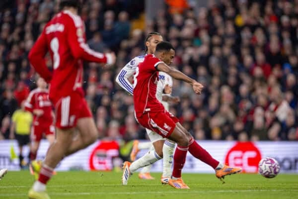 LIVERPOOL, ENGLAND - Saturday, November 1, 2025: Liverpool's Ryan Gravenberch scores the second goal during the FA Premier League match between Liverpool FC and Aston Villa FC at Anfield. (Photo by David Rawcliffe/Propaganda)