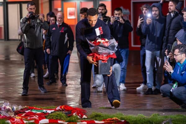 LIVERPOOL, ENGLAND - Monday, November 3, 2025: Real Madrid's Trent Alexander-Arnold wreaths to pay tribute to his former Liverpool team-mate Diogo Jota, who died in a car accident in July, after a press conference at Anfield ahead of the UEFA Champions League game between Liverpool FC and Real Madrid CF. (Photo by David Rawcliffe/Propaganda)