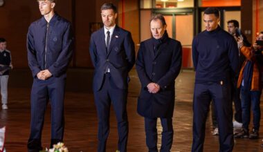 LIVERPOOL, ENGLAND - Monday, November 3, 2025: Real Madrid's (L-R) Dean Huijsen, Xabi Alonso, Emilio Butragueño, Trent Alexander-Arnold lay wreaths to pay tribute to former Liverpool player Diogo Jota, who died in a car accident in July, after a press conference at Anfield ahead of the UEFA Champions League game between Liverpool FC and Real Madrid CF. (Photo by David Rawcliffe/Propaganda)