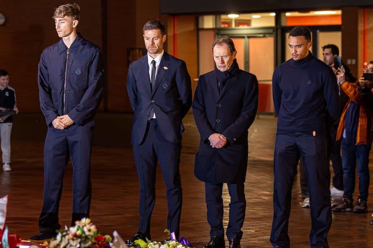 LIVERPOOL, ENGLAND - Monday, November 3, 2025: Real Madrid's (L-R) Dean Huijsen, Xabi Alonso, Emilio Butragueño, Trent Alexander-Arnold lay wreaths to pay tribute to former Liverpool player Diogo Jota, who died in a car accident in July, after a press conference at Anfield ahead of the UEFA Champions League game between Liverpool FC and Real Madrid CF. (Photo by David Rawcliffe/Propaganda)
