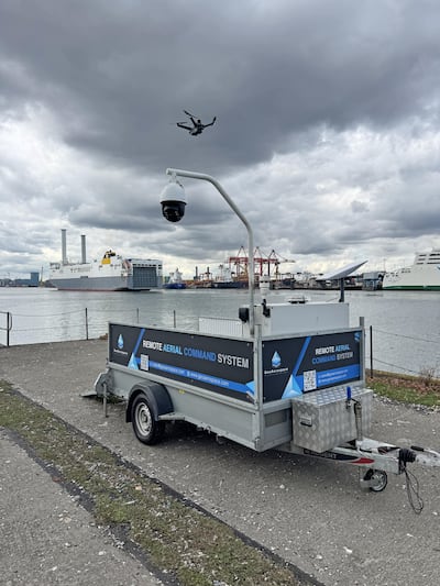 Drone taking off on a flying mission from the GeoAerospace dockstation near Poolbeg, Dublin