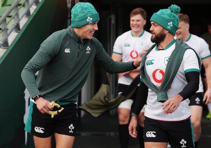 Sam Prendergast and Jamison Gibson-Park arrive for the Ireland team run at the Aviva Stadium on Friday. Photograph: Brian Lawless/PA Wire