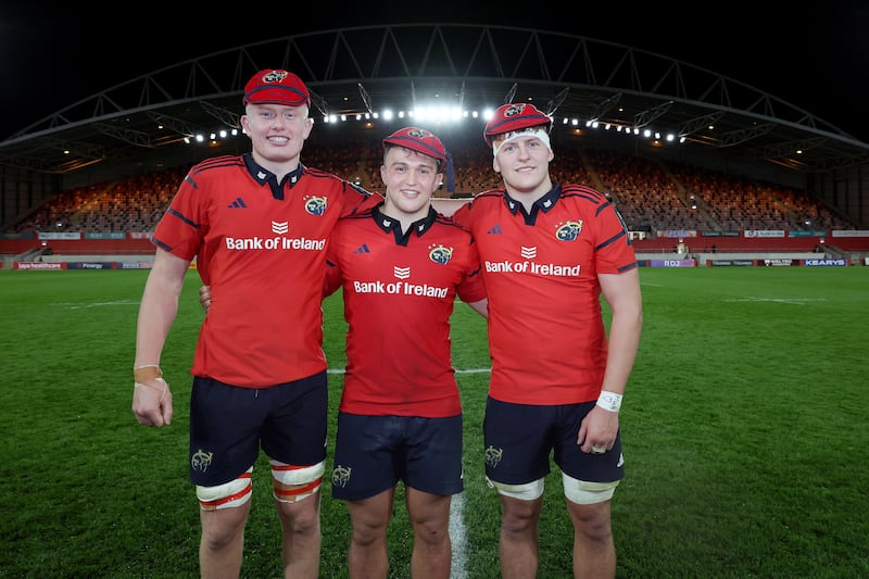 Conor Ryan, Max Clein and Luke Murphy after earning their first Munster caps against an  Argentina XV at Thomond Park. Photograph: Laszlo Geczo/Inpho