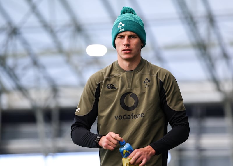 Sam Prendergast during an Ireland training session on Wednesday. Photograph: Ben Brady/Inpho