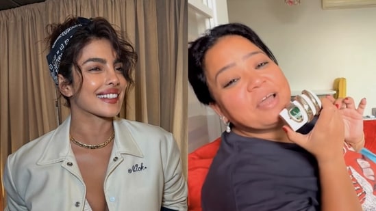 Priyanka Chopra reacts as Bharti Singh flaunts her Bvlgari watch.