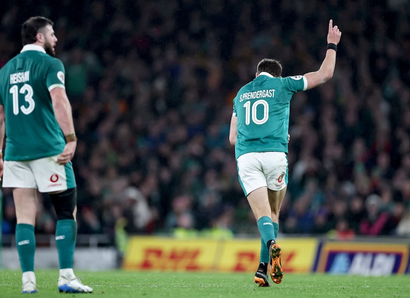 Ireland’s Sam Prendergast celebrates after he scores a drop goal. Photograph: Nick Elliott/Inpho