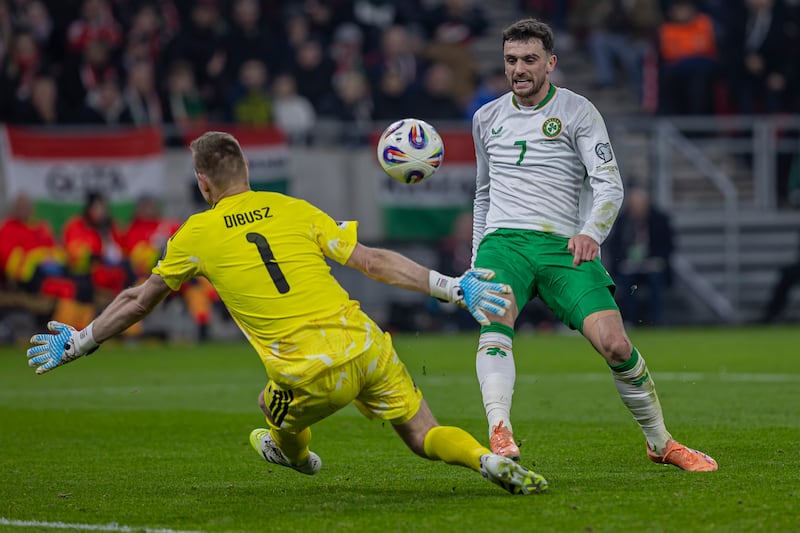 Troy Parrott of Ireland scores his second goal during the FIFA 2026 World Cup Qualifiers match at Puskas Arena in Budapest, Hungary, on November 16, 2025. Photograph: Robert Szaniszlo/NurPhoto via Getty Images