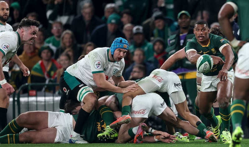 Ireland’s James Ryan and Tadhg Beirne with Damian Willemse of South Africa in the Aviva on November 22nd. Photograph: Gary Carr/Inpho