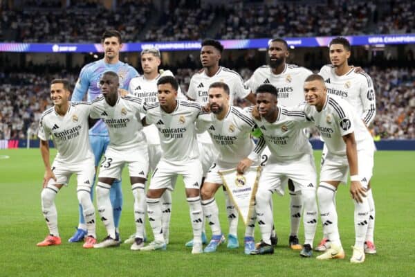 MADRID, SPAIN - SEPTEMBER 17: Real Madrid players pose for a team photograph prior to the UEFA Champions League 2024/25 League Phase MD1 match between Real Madrid CF and VfB Stuttgart at Estadio Santiago Bernabeu on September 17, 2024 in Madrid, Spain. (Photo by Gonzalo Arroyo - UEFA/UEFA via Getty Images)