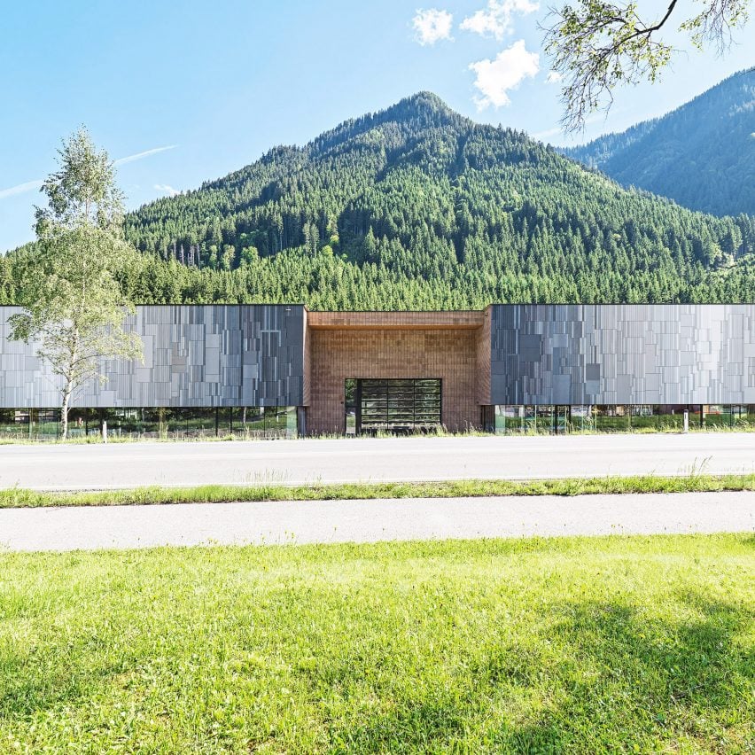 Close up of the facade at Rieder's headquarters in Maishofen, Austria