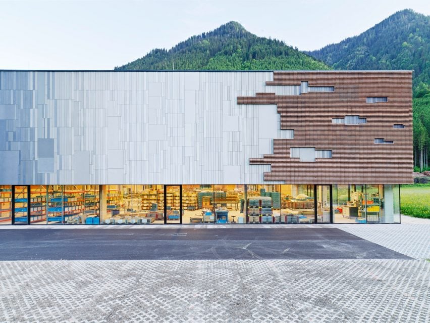 Close up of the facade at Rieder's headquarters in Maishofen, Austria