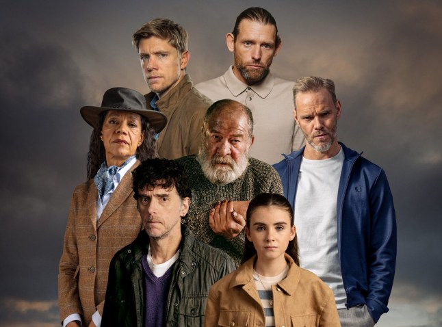An Emmerdale promo showing Celia, Robert, Kev, Bear, Ray, Marlon and April against a dark cloudy background.