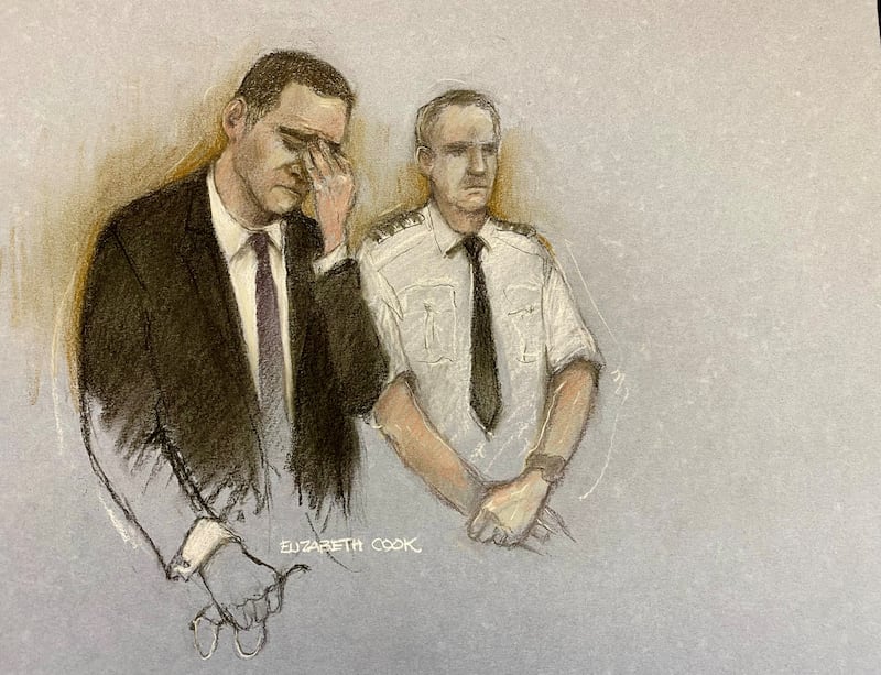 Court artist sketch by Elizabeth Cook of Paul Doyle appearing at Liverpool Crown Court Photograph: Elizabeth Cook/PA Wire