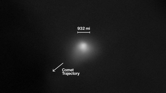 This NASA image, obtained on November 19, 2025, shows an annotated version, with the trajectory and scale bar, of the interstellar comet 3I/ATLAS AFP PHOTO / NASA (AFP)
