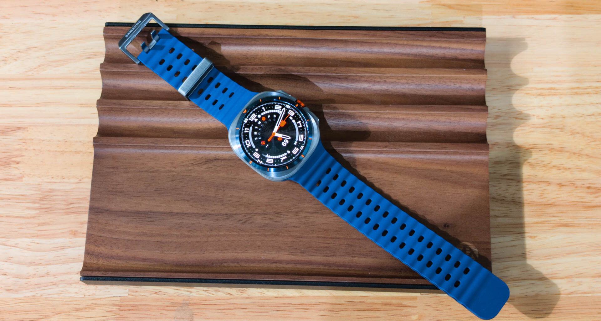 Samsung Galaxy Watch Ultra 2025 Titanium Blue flat on table
