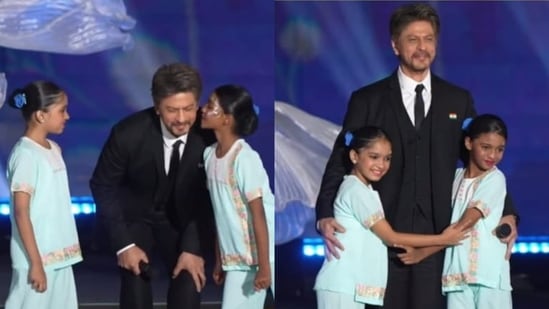 Shah Rukh Khan shares a sweet moment with kids on Global Peace Honours 2025 stage.