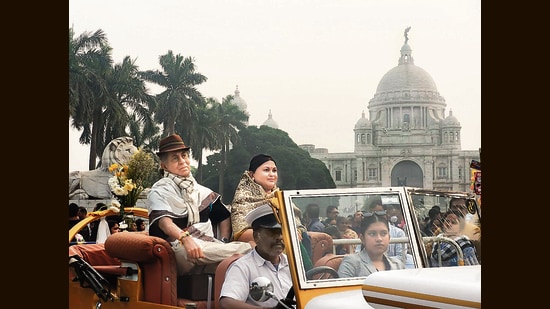 Silicone sculptures of Samit Dutta’s parents, Arun and Hena Dutta, in Kolkata.