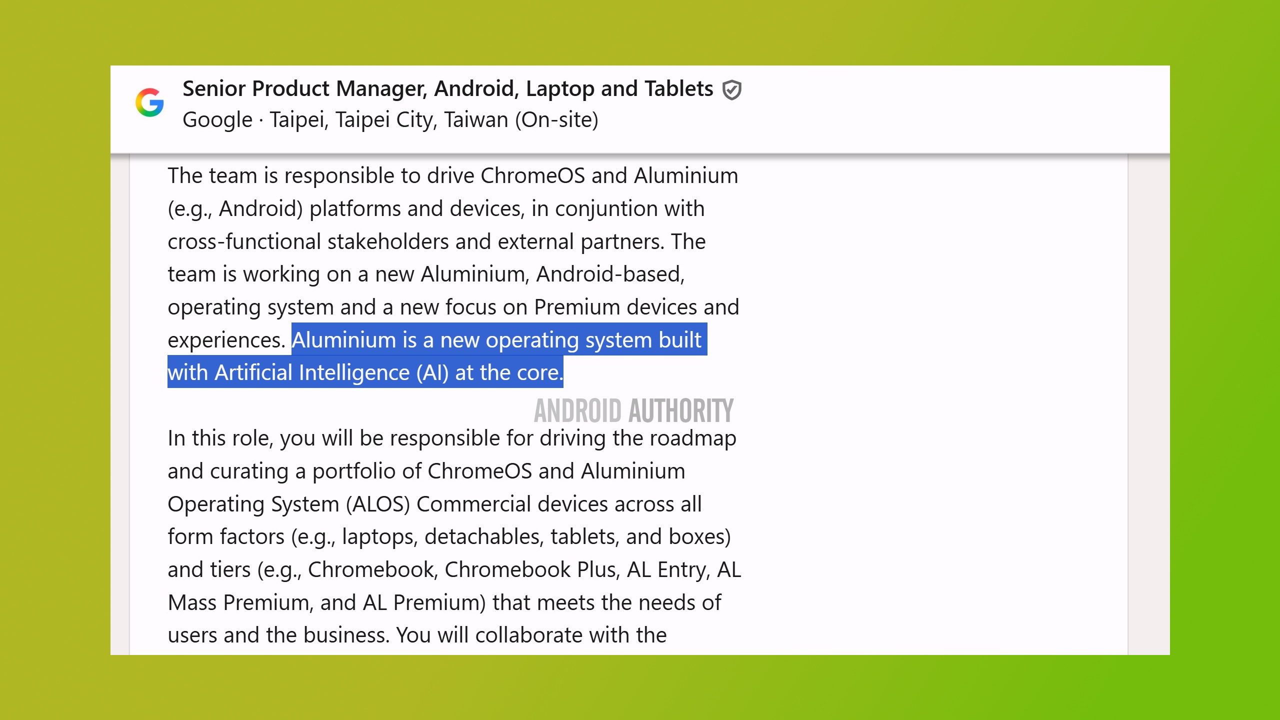 Snippet from job listing confirming Aluminium OS