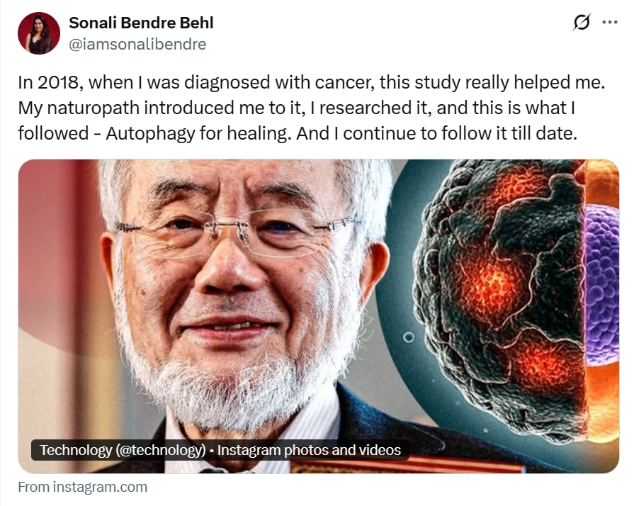 Sonali Bendre's tweet on autophagy helping with her cancer battle.