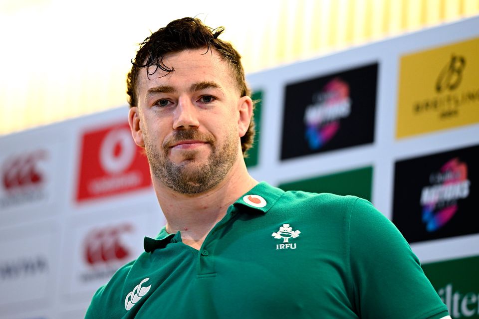 Irish captain Caelan Doris faces the media at the Aviva Stadium. Photo by Seb Daly/Sportsfile