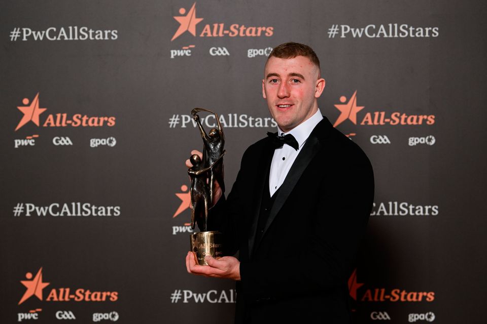 Tipperary hurler Eoghan Connolly with his PwC GAA/GPA All-Star Award during the 2025 PwC GAA/GPA All-Star Awards at the RDS in Dublin. Photo by Ramsey Cardy/Sportsfile