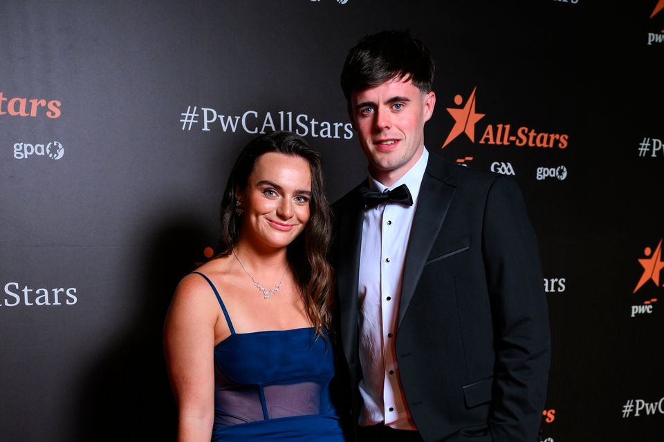 Cork hurler Darragh Fitzgibbon with Cliodhna Hanley on arrival to the 2025 PwC GAA/GPA All-Star Awards at the RDS in Dublin. Photo by Brendan Moran/Sportsfile