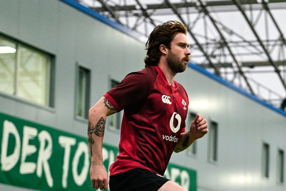 Mack Hansen during an Ireland training session at the IRFU High Performance Centre in Dublin