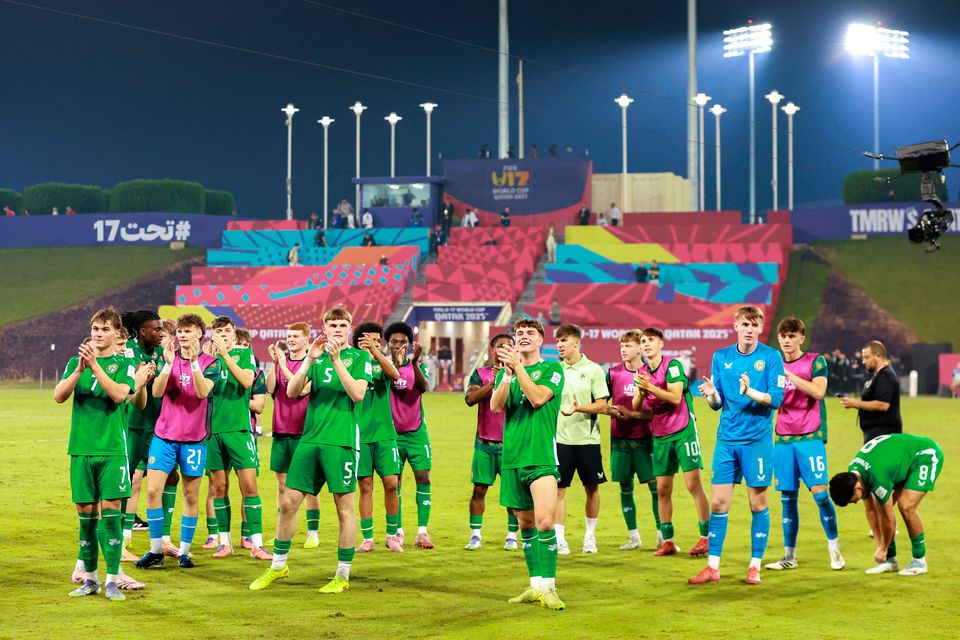 Ireland players acknowledge their supporters after their victory in the Under-17 World Cup Round of 32 match against Canada at Aspire Zone in Doha, Qatar. Photo: Nikola Krstic/Sportsfile