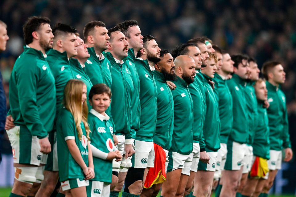 Ireland players during the playing of Amhrán na bhFiann before the Quilter Nations Series 2025 match against Australia at the Aviva Stadium in Dublin. Photo: David Fitzgerald/Sportsfile