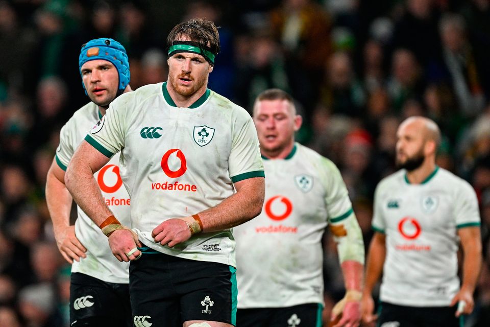 Ryan Baird and his team-mates react after conceding a first try against South Africa during the Quilter Nations Series defeat to the Springboks at the Aviva Stadium in Dublin. Photo: Ramsey Cardy/Sportsfile