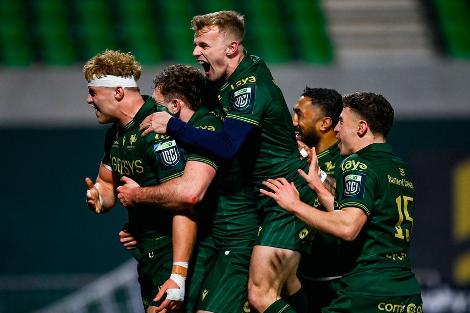 Hugh Gavin of Connacht, left, celebrates with teammates after scoring their side's third try during the United Rugby Championship win over Sharks at Dexcom Stadium in Galway. Photo: Tyler Miller/Sportsfile