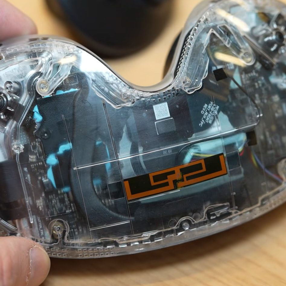 A closeup of a transparent-bodied example of the new Steam Frame VR headset