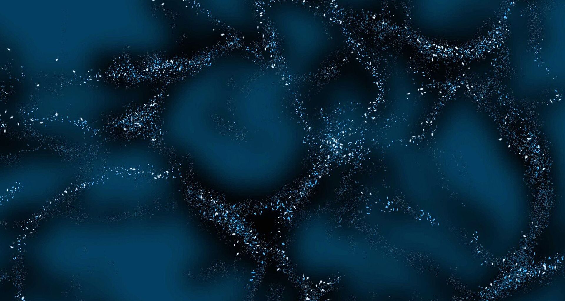 A series of blue sparkling webs create a tangle of threads across a dark blue background, symbolizing dark matter in the universe.